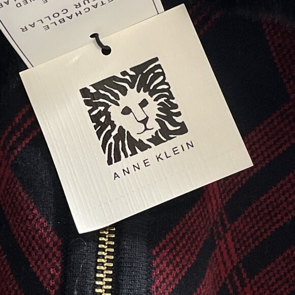 Anne Klein Sweater Jacket M Red Plaid Black Faux Fur Collar Full Zip Cardigan - Picture 6 of 13